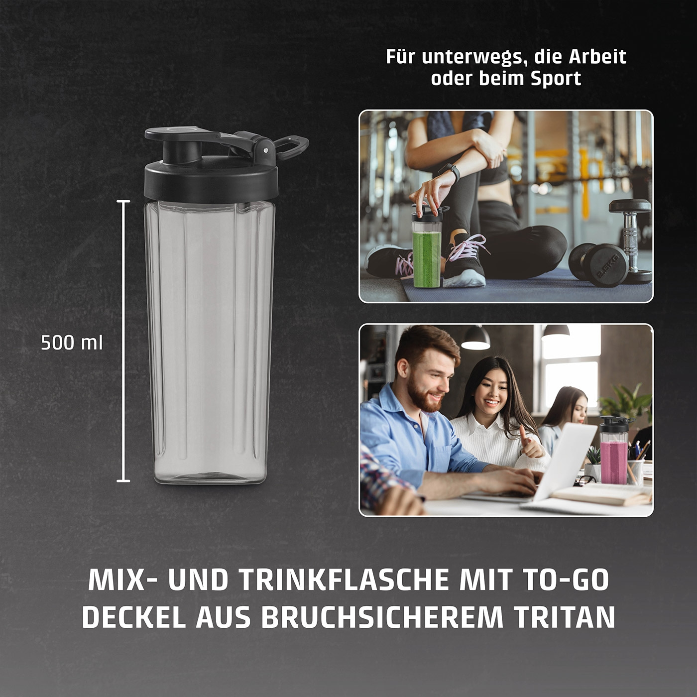 Water bottle with lid, 500ml, for sports and work, unbreakable Tritan