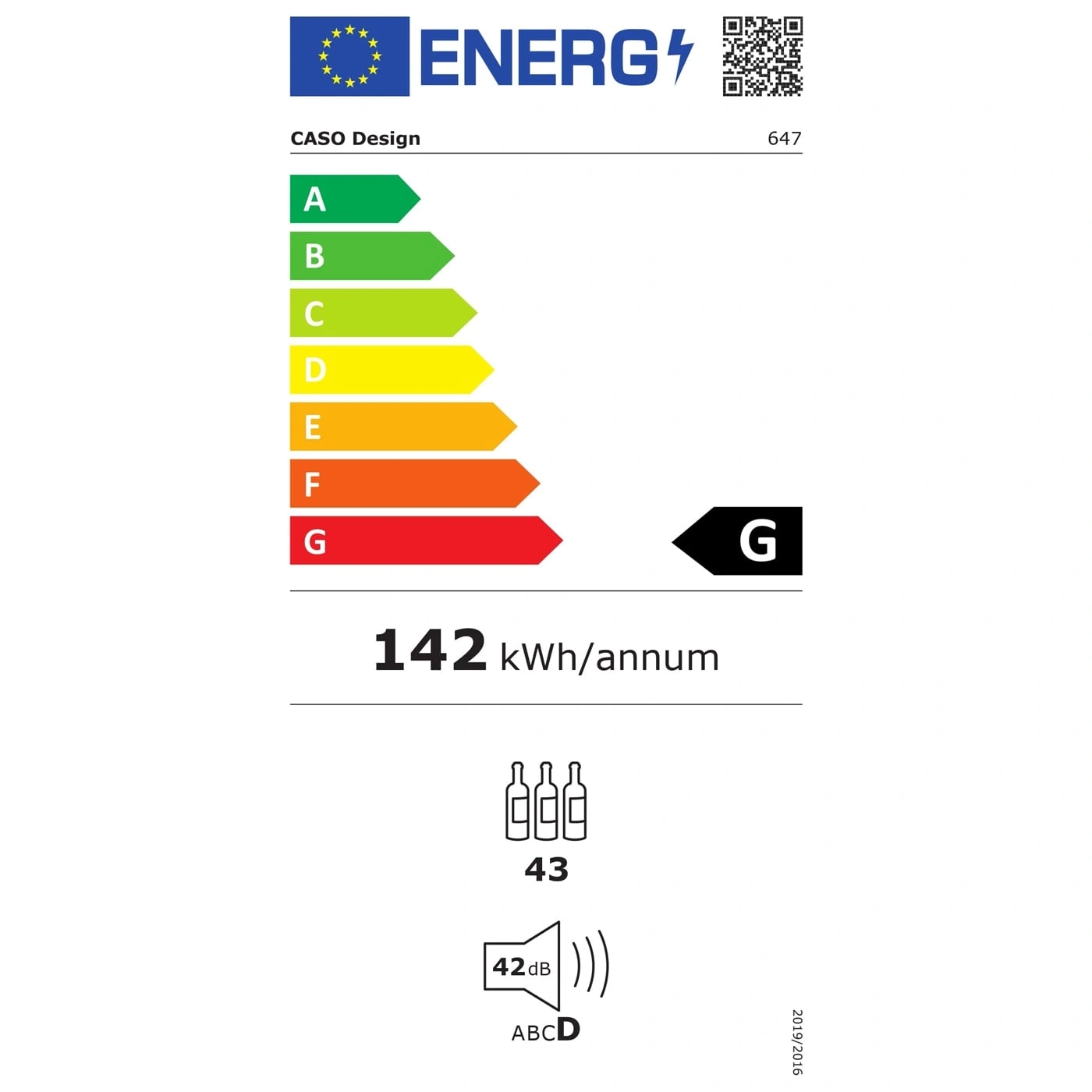 Energy efficiency label for Caso Design, energy class G, 142 kWh/annum, 43 bottles