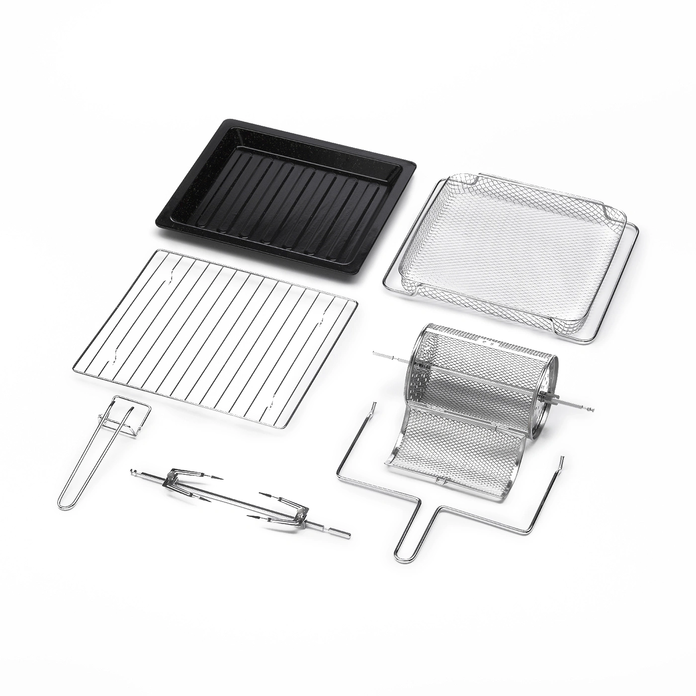 Oven accessories isolated on white background, wire rack, baking tray, air fryer basket