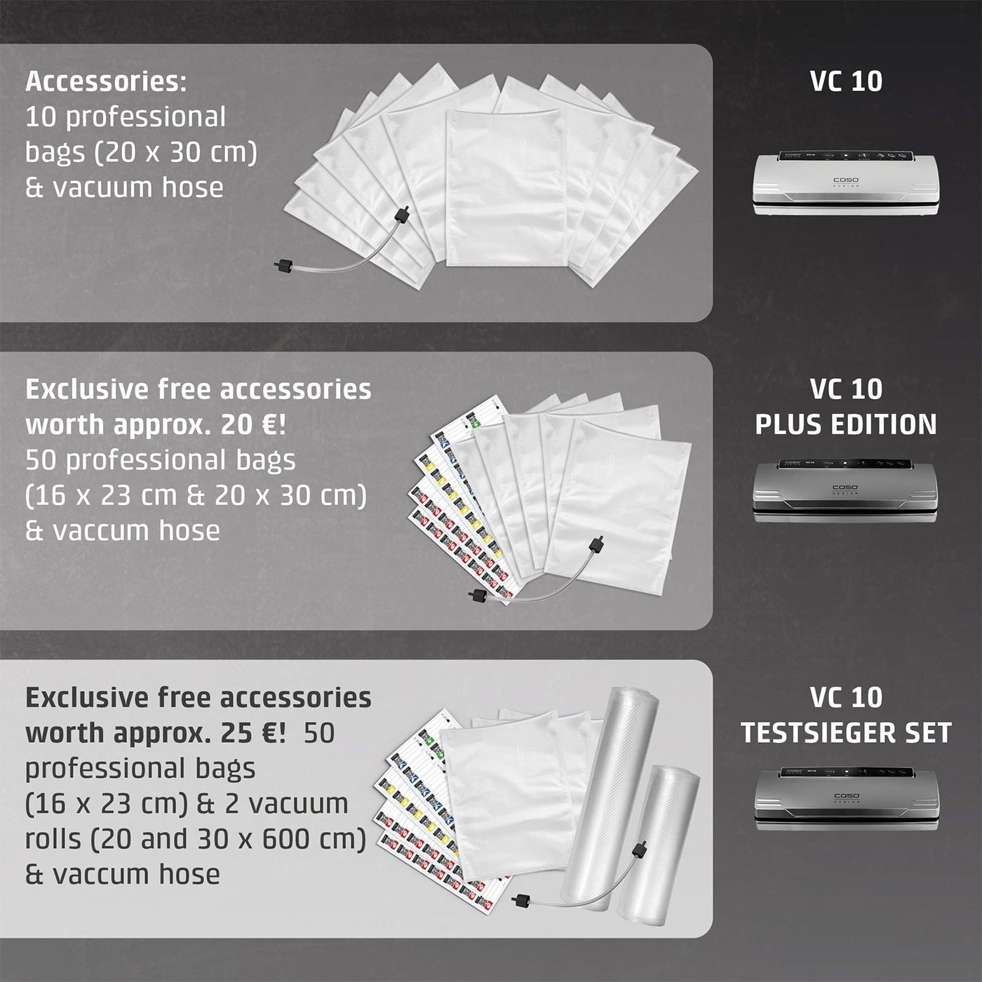 Vacuum sealer accessory sets: VC 10, VC 10 Plus Edition, VC 10 Test Winner Set with bags and hoses.