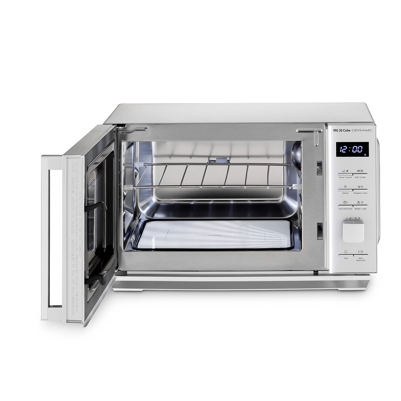 Microwave oven with open door, stainless steel, control panel, digital display, cooking, interior, kitchen, appliance
