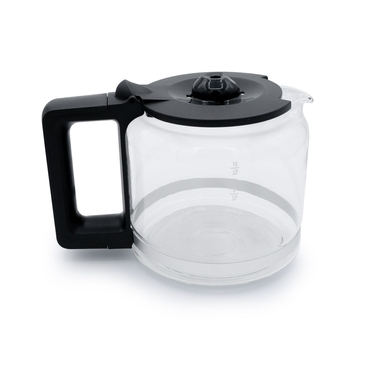 Kaffeekanne aus Glas mit schwarzem Deckel und Griff, leer.