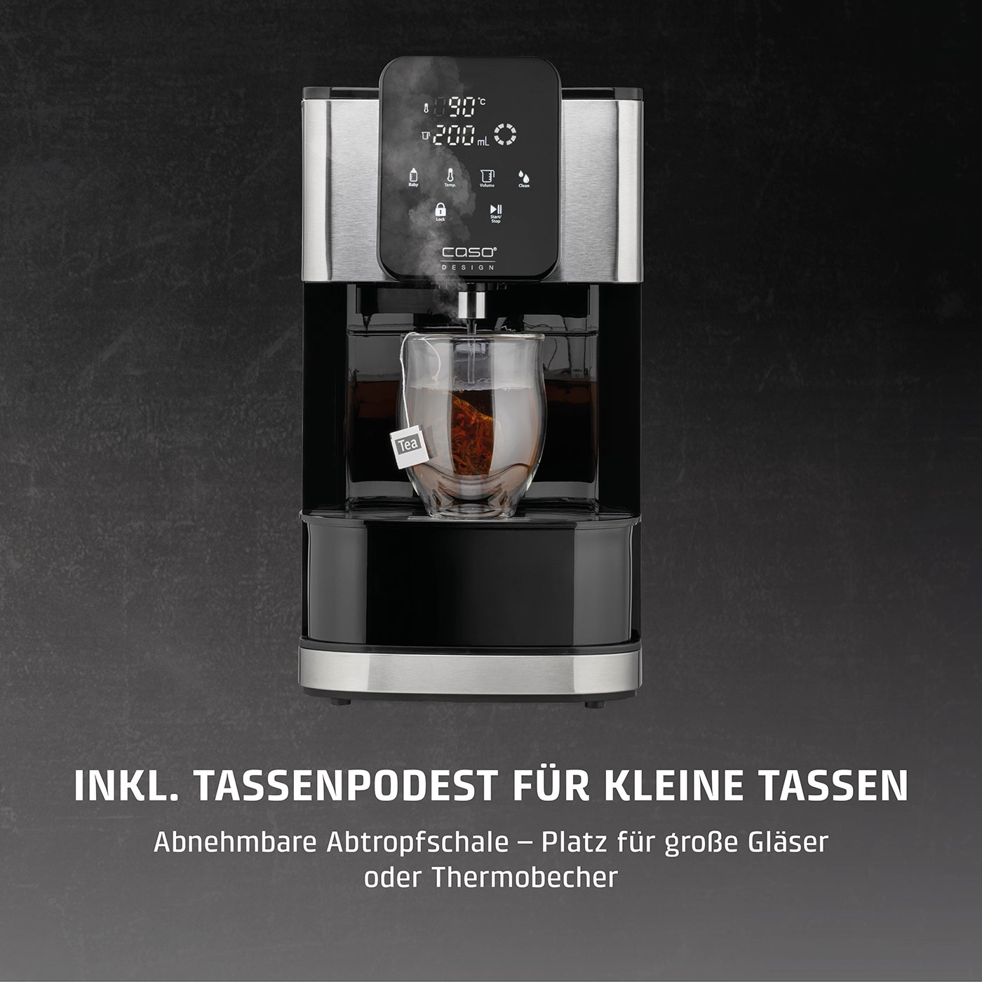 Teemaschine mit Tassenpodest, Temperaturanzeige, und abnehmbarer Abtropfschale für Gläser.