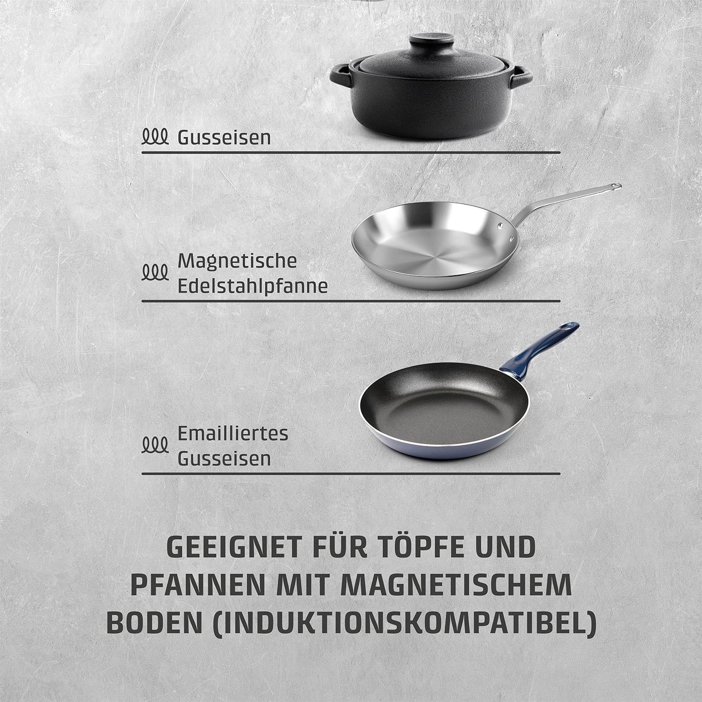 Kochgeschirr: Gusseisen, Edelstahlpfanne, emailliertes Gusseisen, induktionsgeeignet.