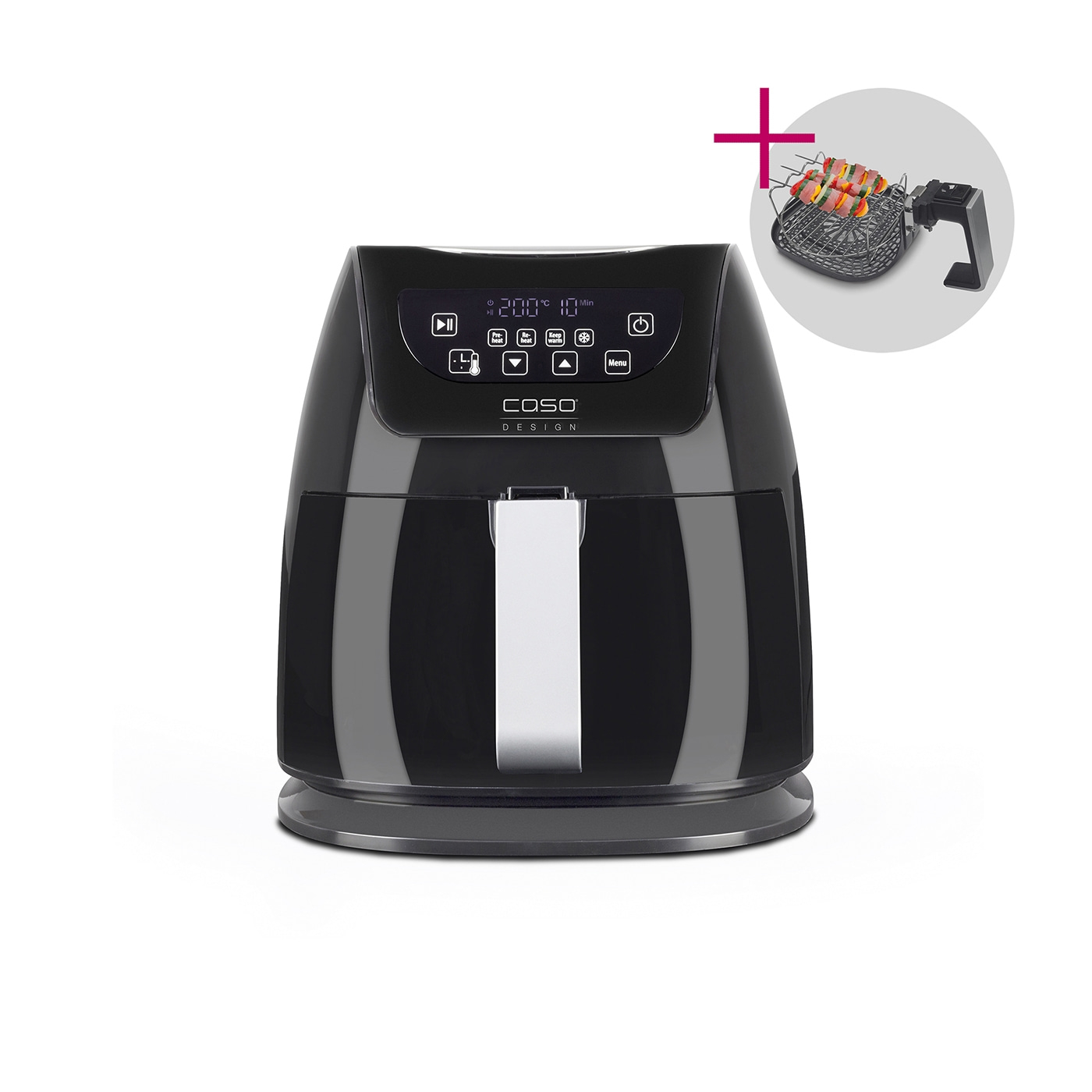 Black air fryer with accessories, digital display, and grill basket