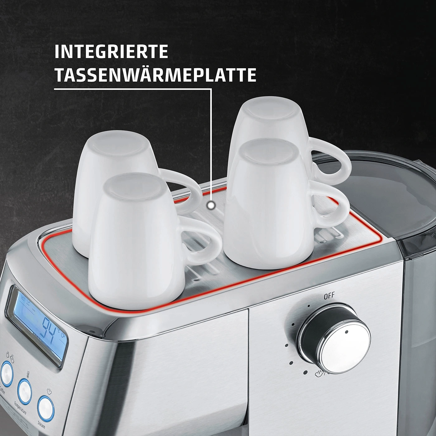 Kaffeemaschine mit Tassenwärmer und Tassen. Edelstahl-Design. Temperaturanzeige.