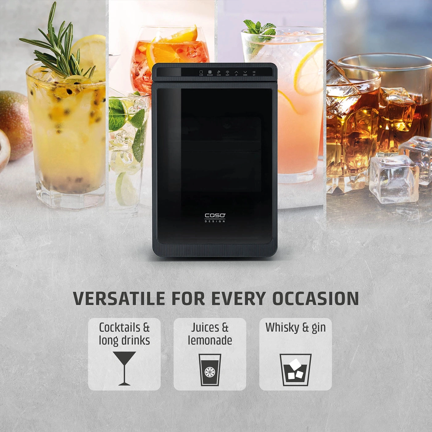 Versatile drinks: Cocktails, juices, and whisky for every occasion.
