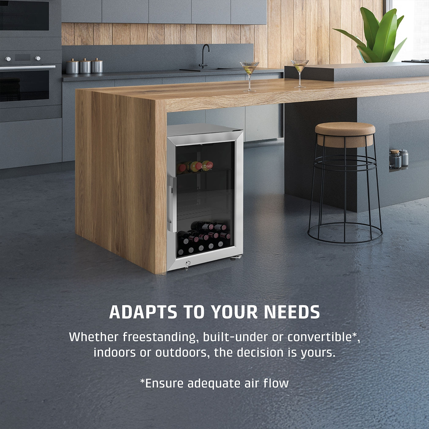 Wine cooler in kitchen, flexible use, freestanding or built-in installation.