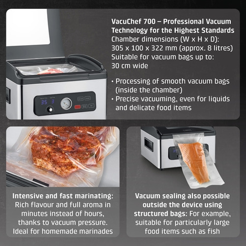 Vacuum sealer with text highlighting features and benefits, like marinating and vacuuming fish.