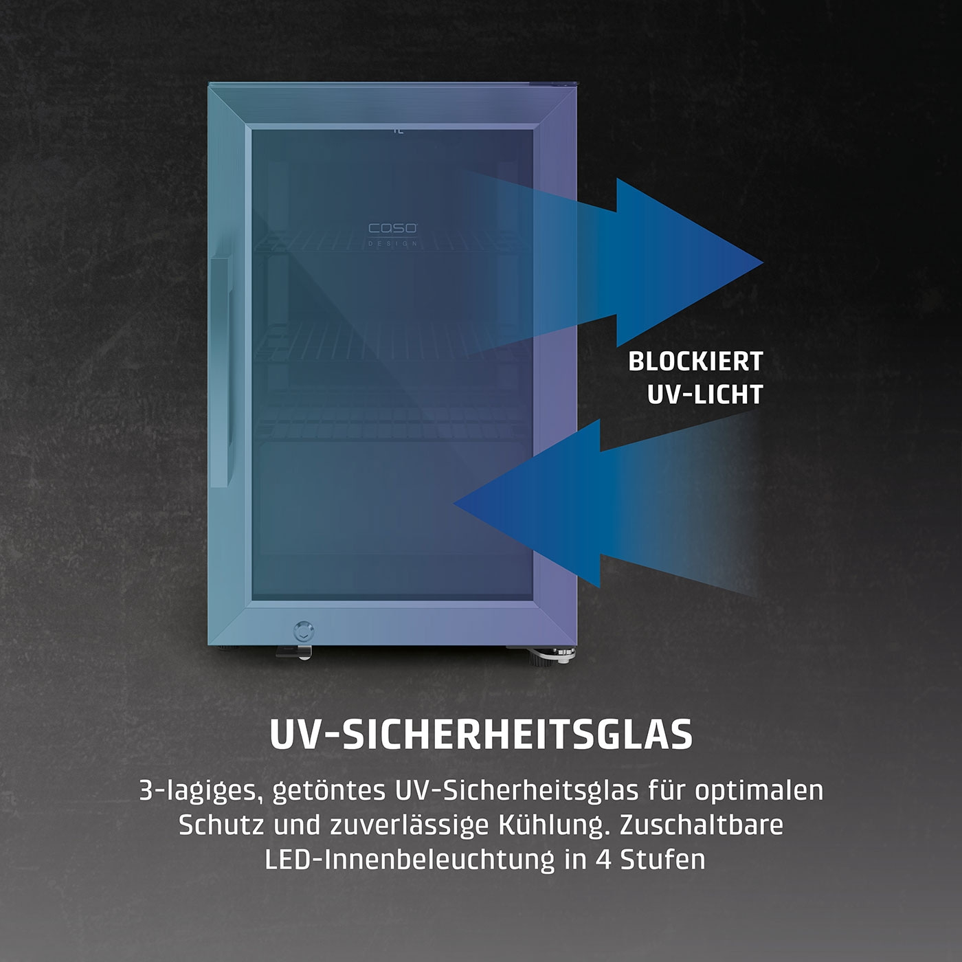 Kühlschrank mit UV-Schutzglas, blockiert UV-Licht, LED-Innenbeleuchtung, 3-lagig, getönt.
