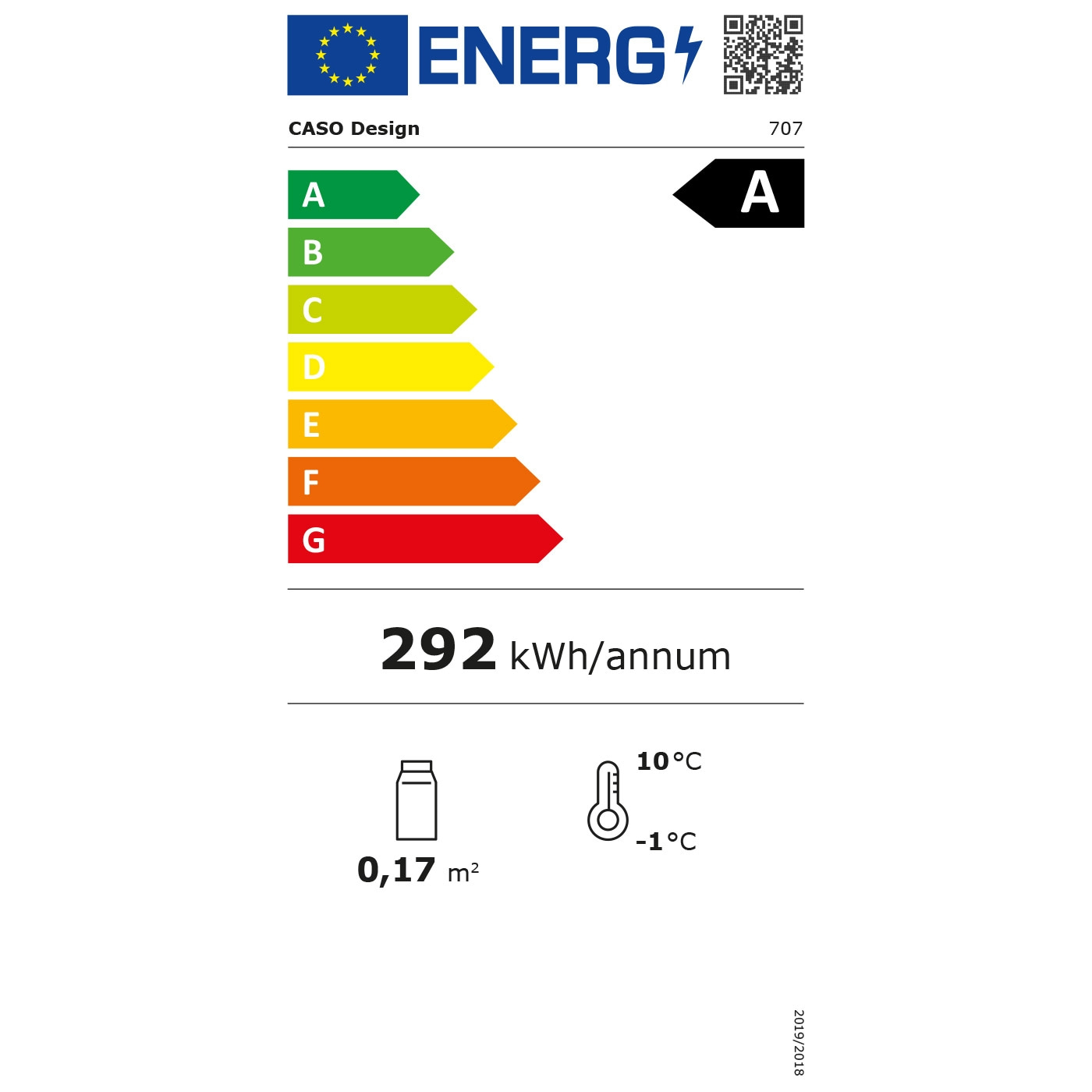 Energieeffizienzlabel für CASO Design Kühlschrank, Klasse A, 292 kWh/annum, 0,17 m²