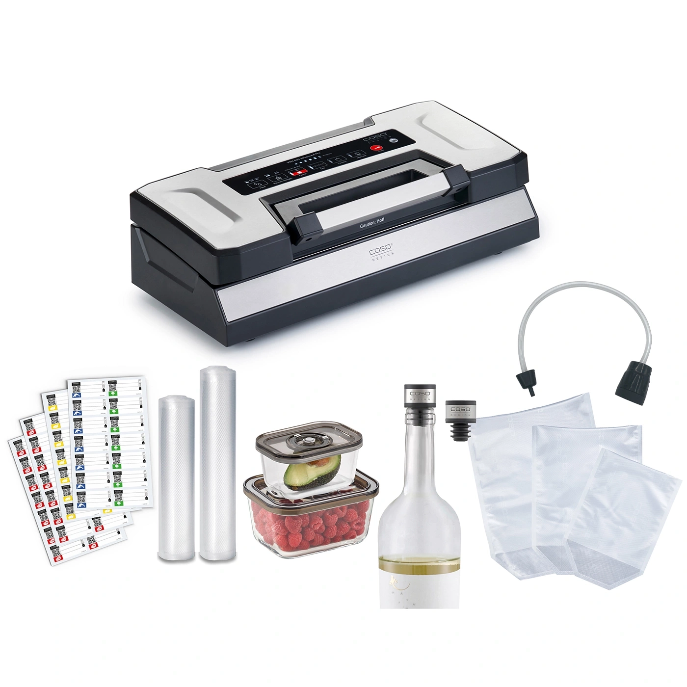 Vacuum sealer with accessories like bags, containers, and bottle stopper.