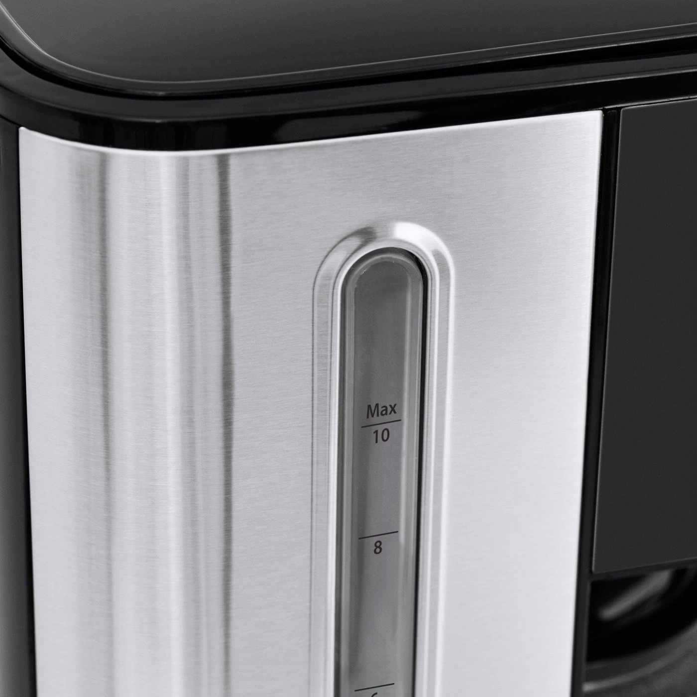 Coffee machine, water tank, level indicator, stainless steel, black, kitchen, appliance, close-up