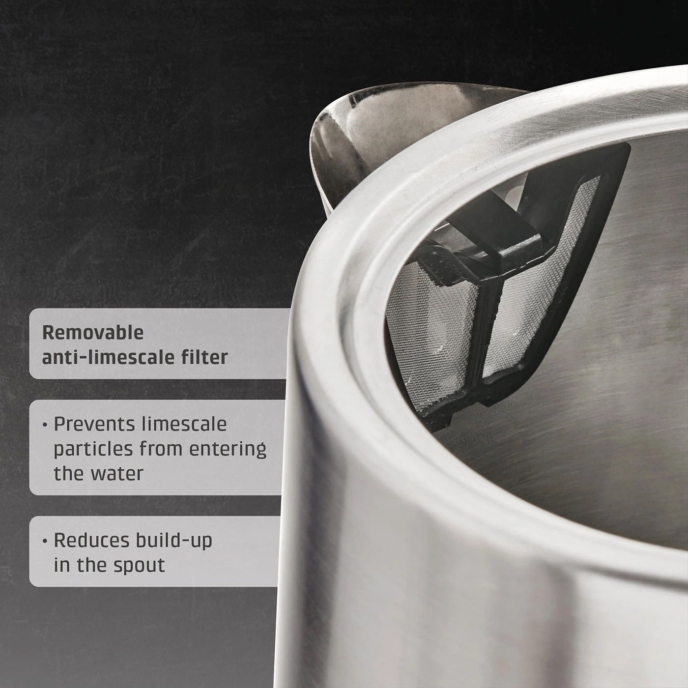 Removable anti-limescale filter, prevents limescale particles in water and reduces deposits in the spout.