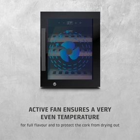Wine cooler with active fans for even temperature and aroma, protecting the cork.