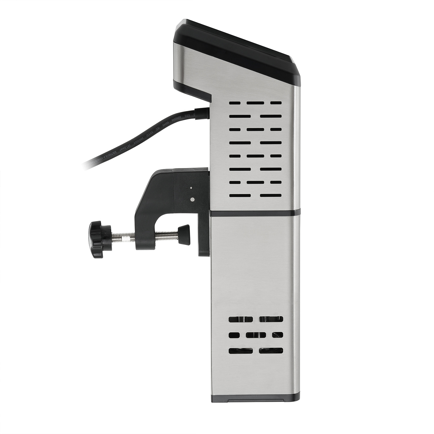 Sous vide cooker with clamp and power cord, stainless steel design, for precise cooking.
