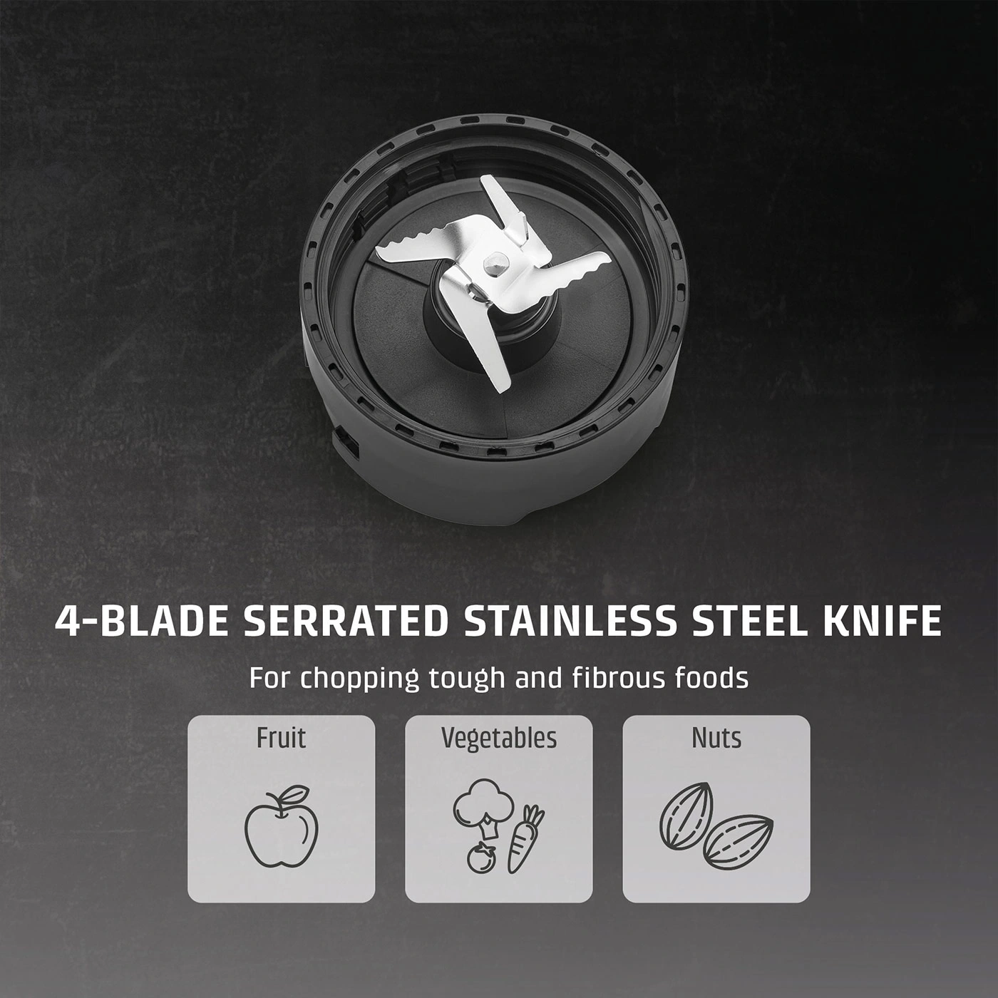 A 4-blade serrated stainless steel knife for fruits, vegetables, and nuts.