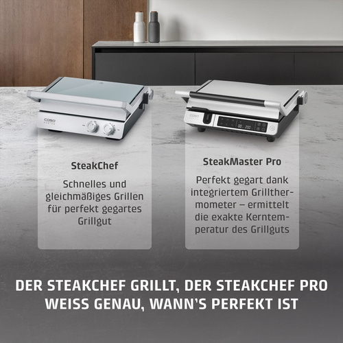 Zwei Caso Grillgeräte, SteakChef und SteakMaster Pro, auf einer Arbeitsplatte.