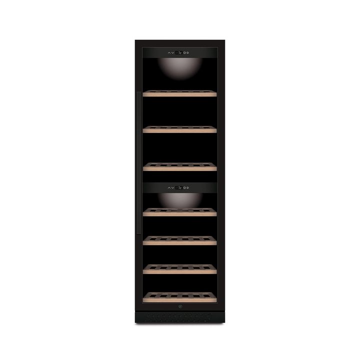 Weinkühlschrank mit Holzregalen und digitaler Anzeige, schwarz