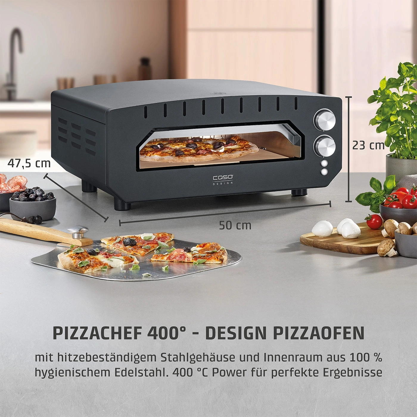 Ein schwarzer Pizzaofen mit einer Pizza darin, daneben Zutaten und Maße.
