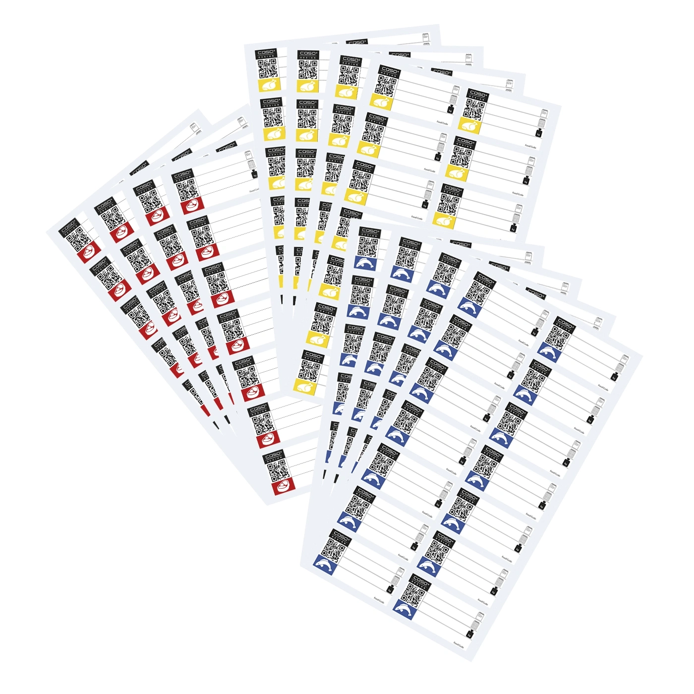 Aufkleber mit QR-Codes und Symbolen in verschiedenen Farben, angeordnet in Fächern.