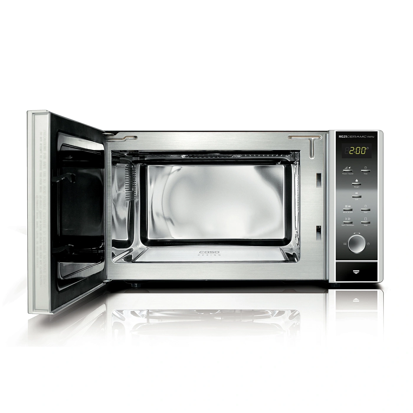 Microwave oven, open door, stainless steel, digital display, Caso Design, MG25CERAMIC menu
