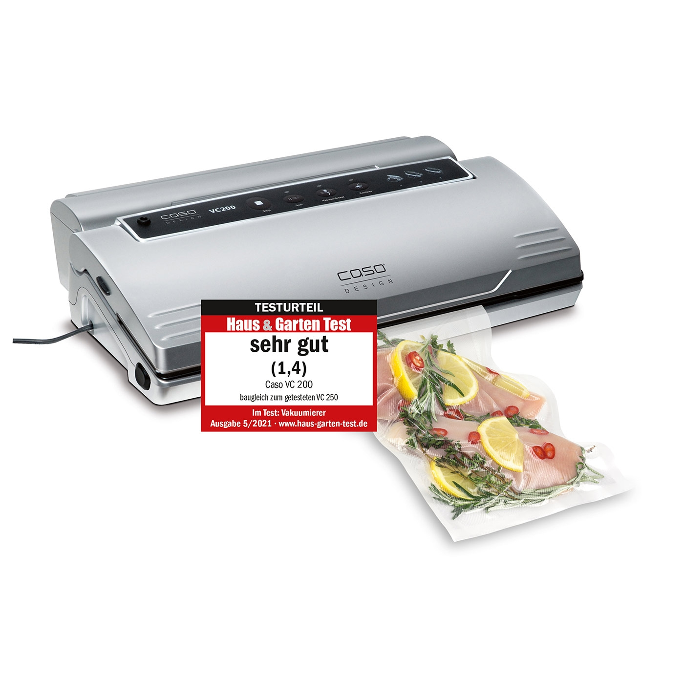 Caso VC 200 vacuum sealer with 'very good' test result and contents in a bag.