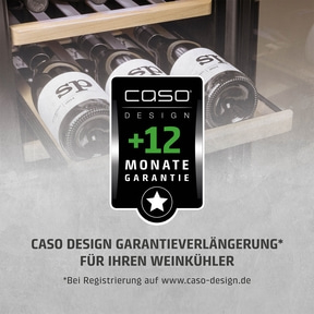 Wine cooler with warranty information from Caso Design, 12 months warranty.