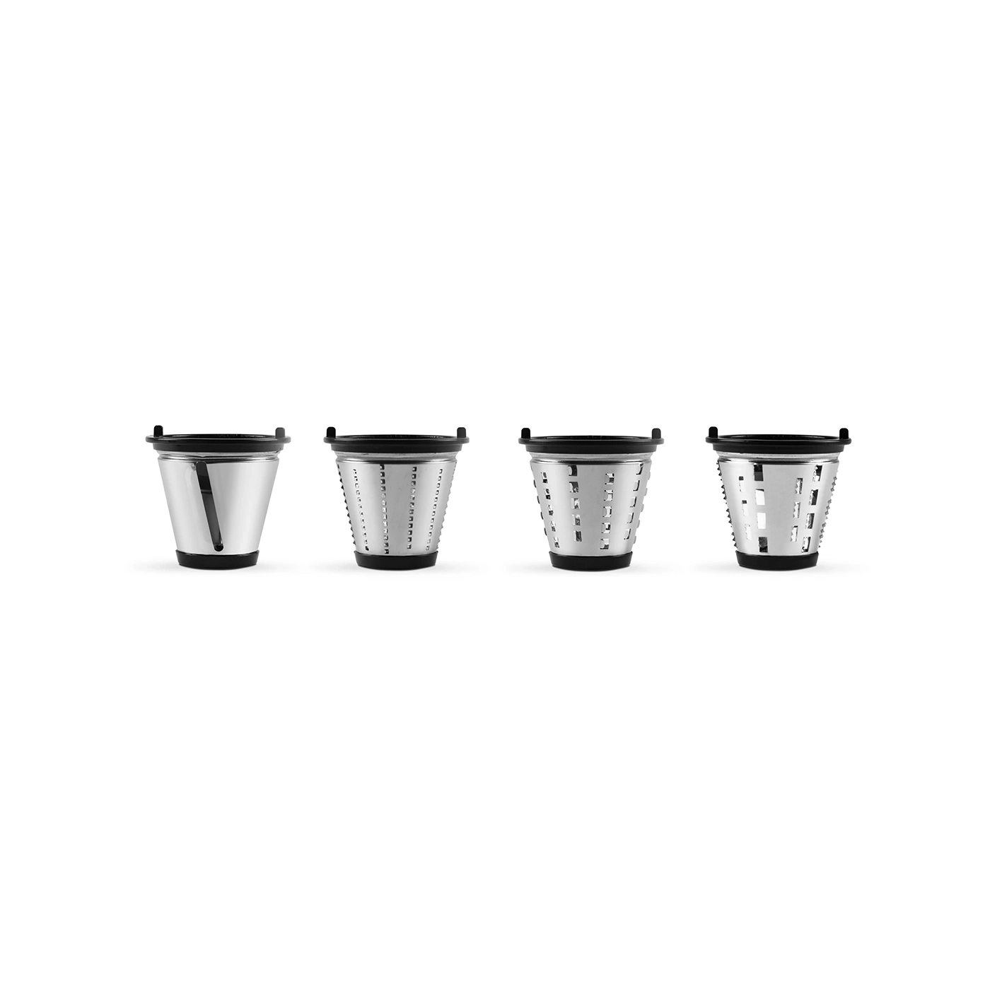 Four different attachments for a food processor, stainless steel, black.
