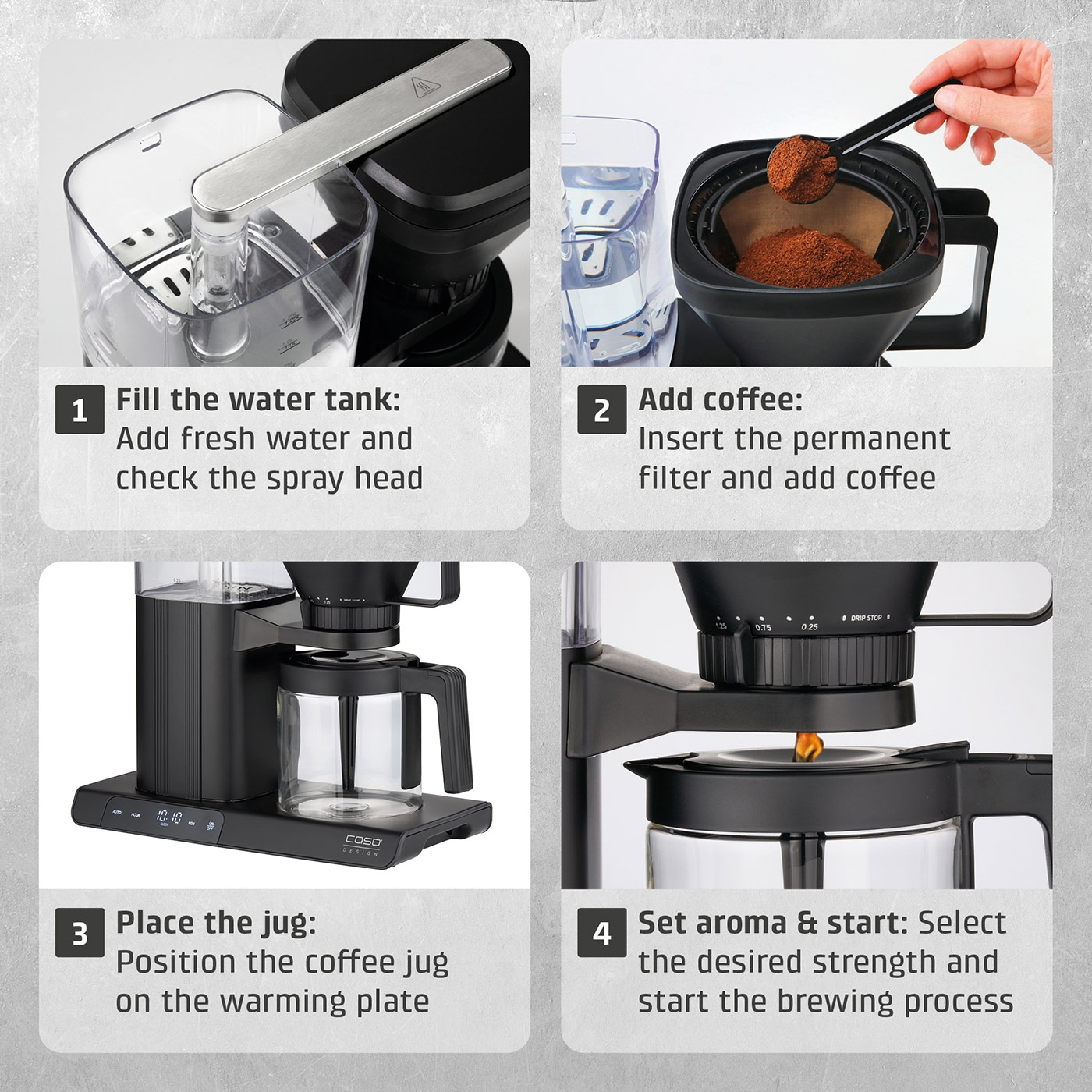 Instructions for preparing coffee with a coffee machine in four steps.