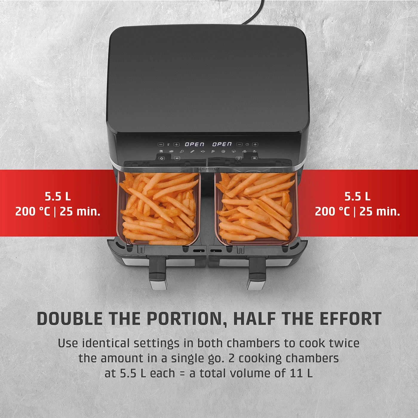 Dual air fryer with fries, 5.5l per chamber, 200°C, 25 minutes, double portion, half the effort
