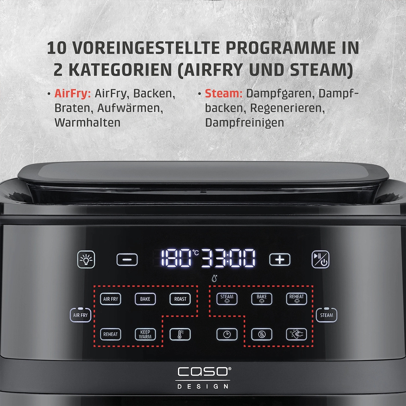 Luftfritteuse mit Programmen: AirFry, Backen, Braten, Aufwärmen, Warmhalten, Dampfgaren, Dampfbacken, Regenerieren, Dampfreinigen.