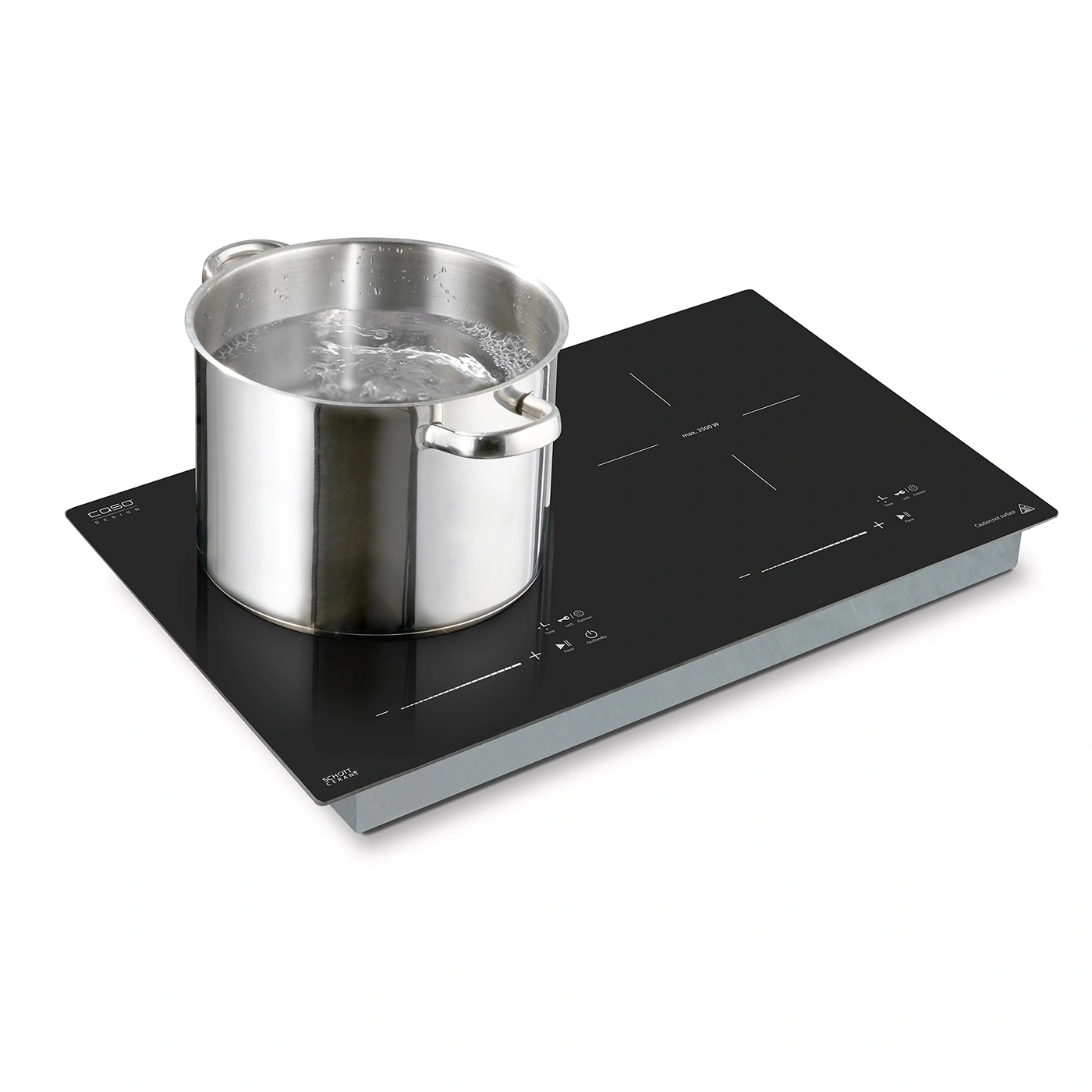 Kochfeld mit Topf, Wasser kocht, schwarze Oberfläche, Edelstahl, Küche, Kochen