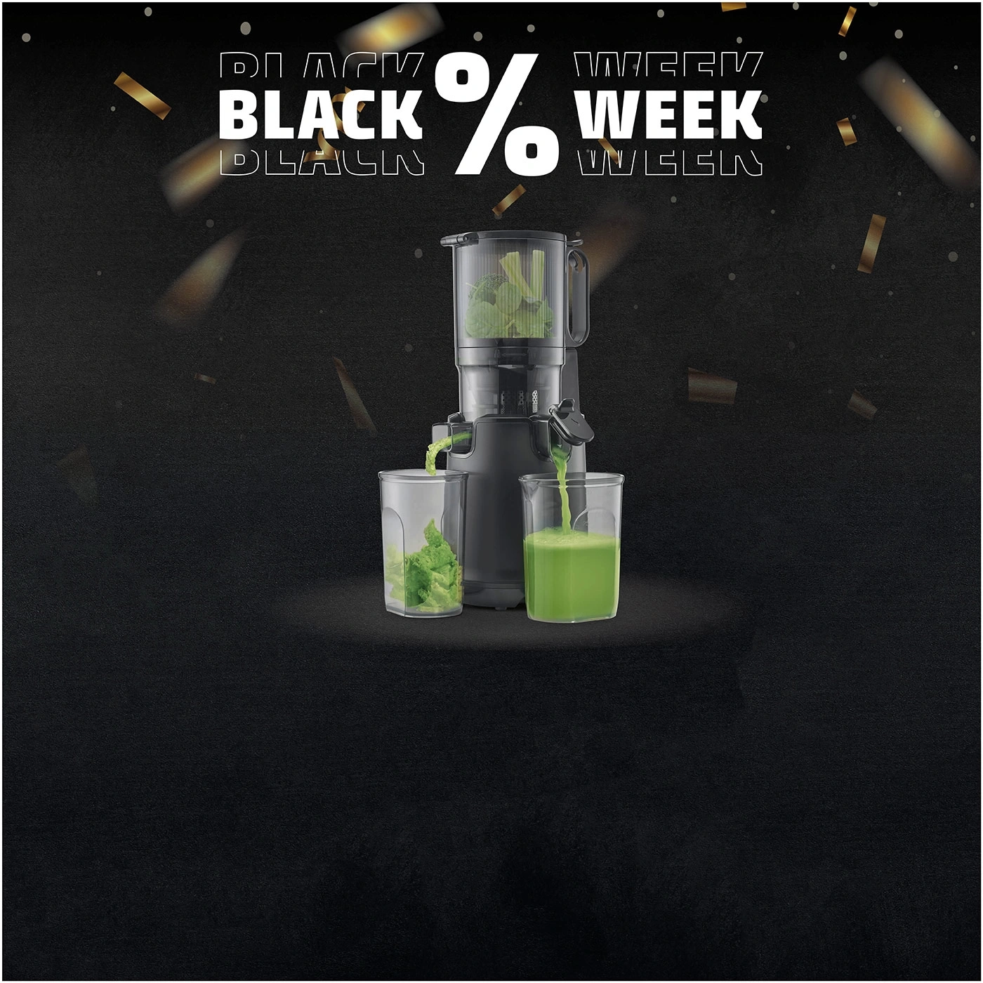 Black week juicer with percentage sign and confetti on a black background.