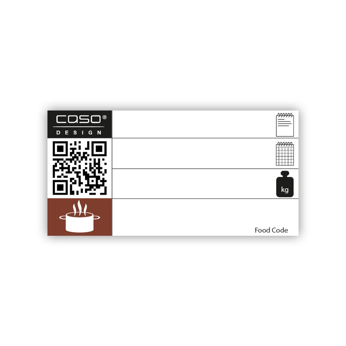 Label with logo, QR code, cooking pot symbol, and text 'Food Code' in white