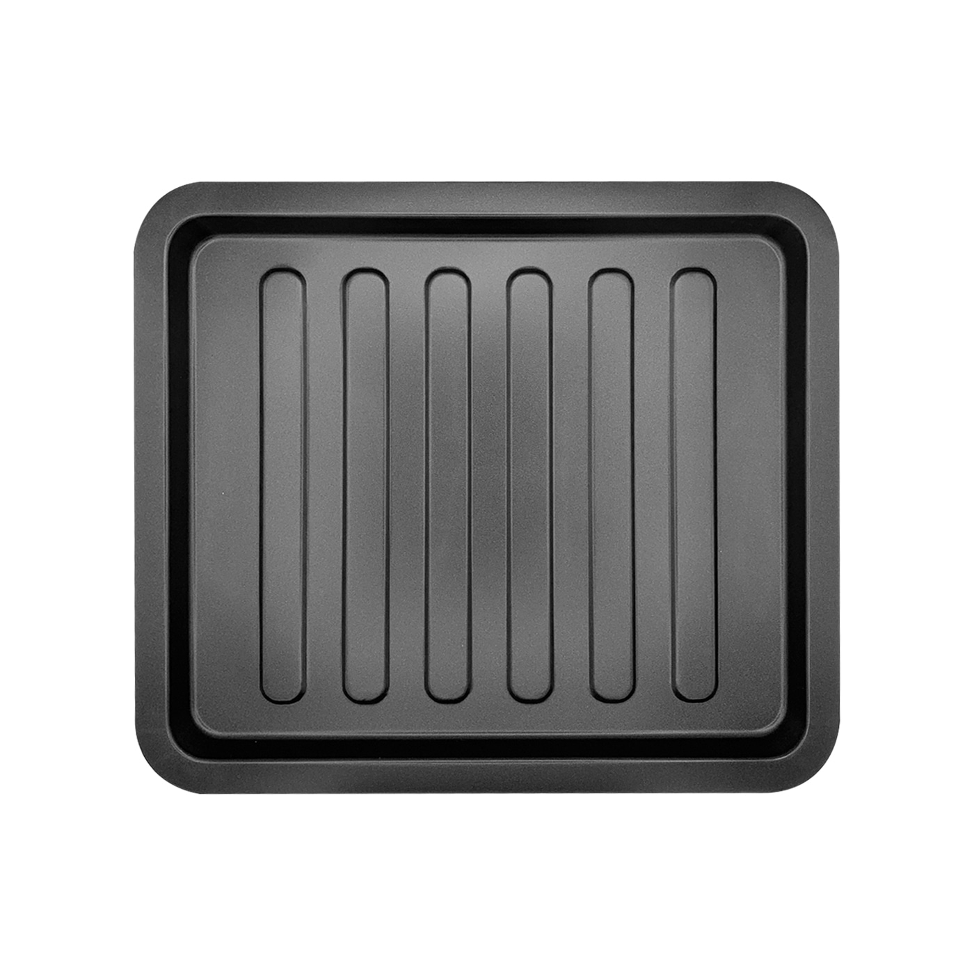 Black baking tray with rounded corners and vertical grooves for baking goods.