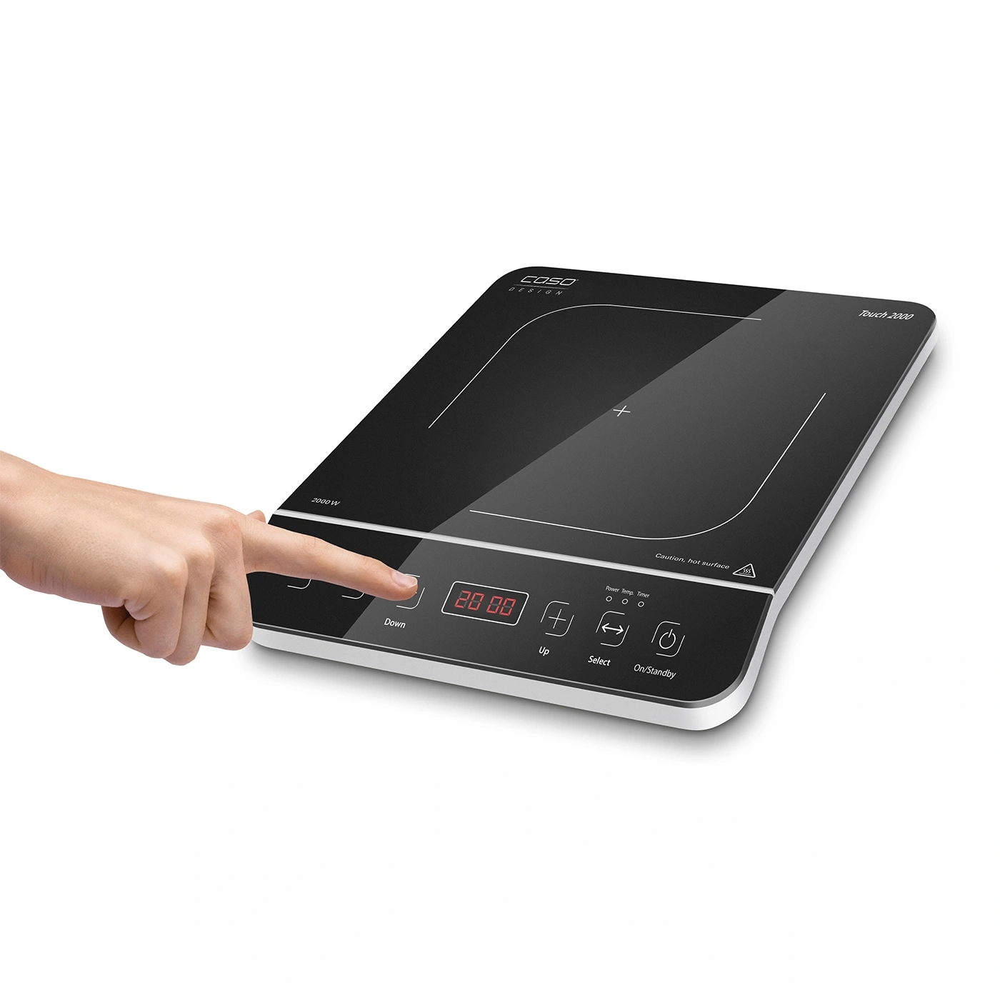 Induction cooktop with touch panel, hand touching control, black surface, 2000W power