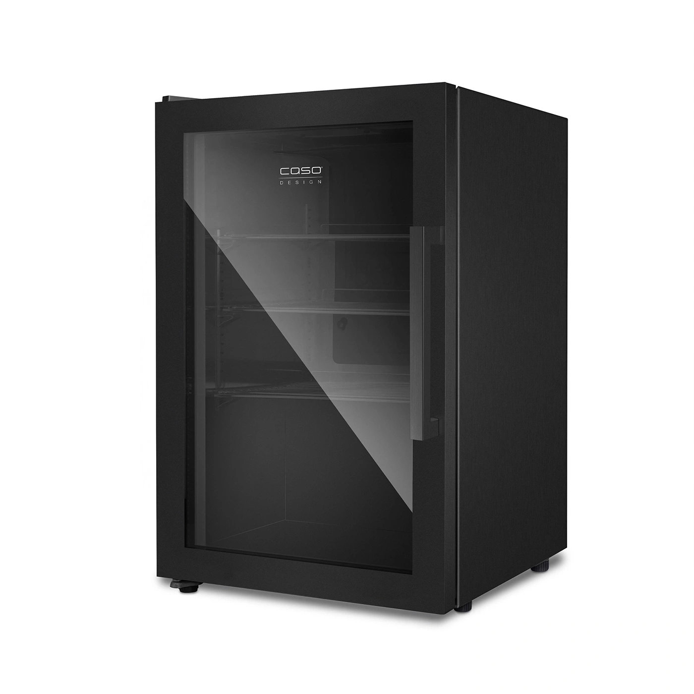 Black refrigerator with glass door, Caso Design, for drinks and food storage