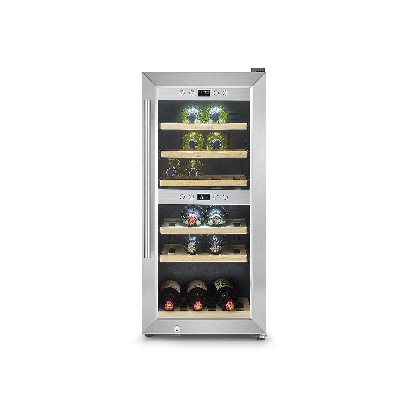 Ein silberner Weinkühlschrank mit Holzböden und Flaschen.
