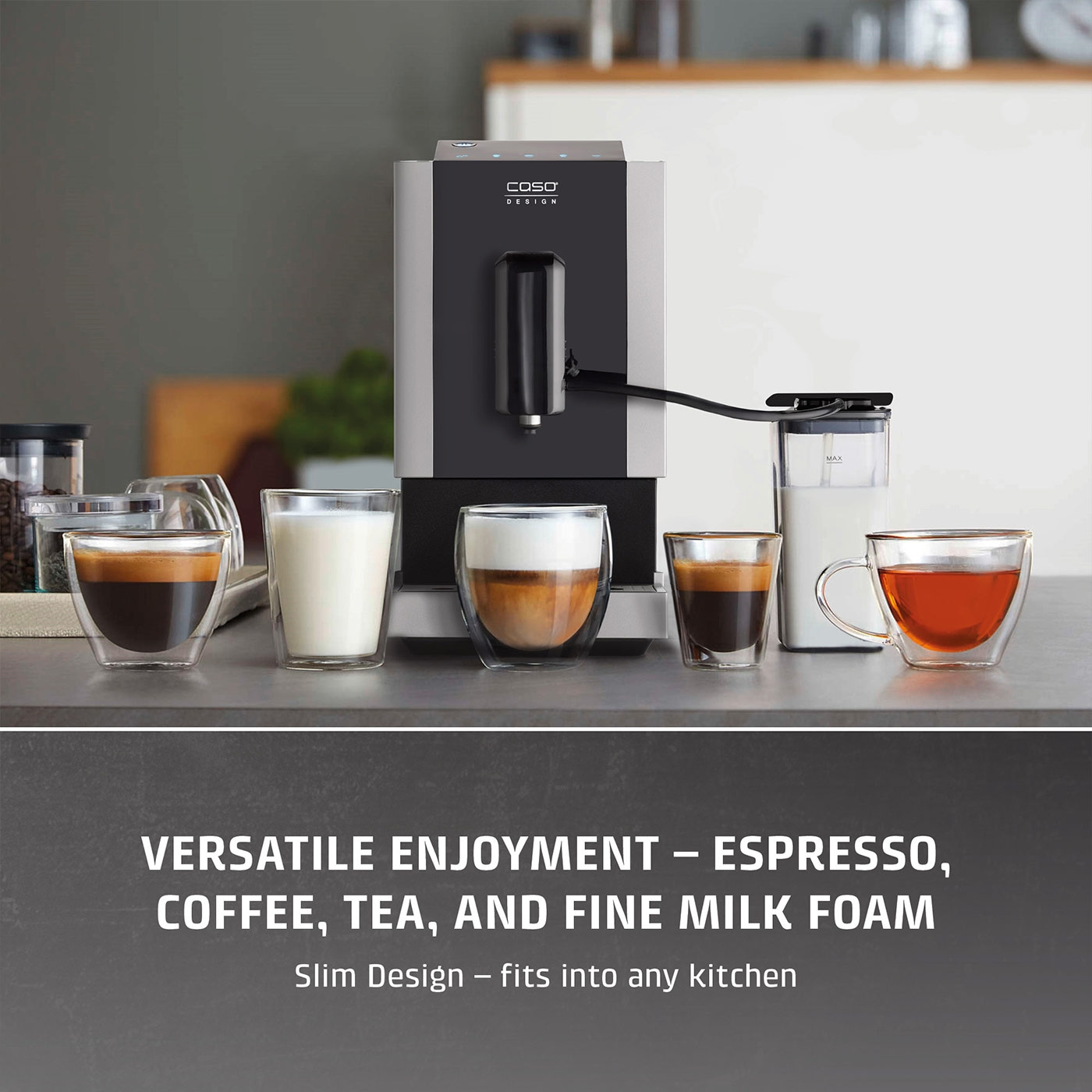 Coffee machine with espresso, coffee, tea and milk foam in the kitchen.