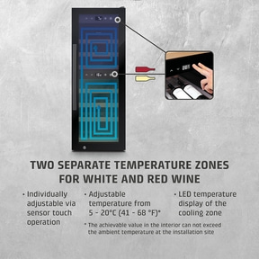 Wine cooler with two temperature zones, LED display, and sensor touch control.