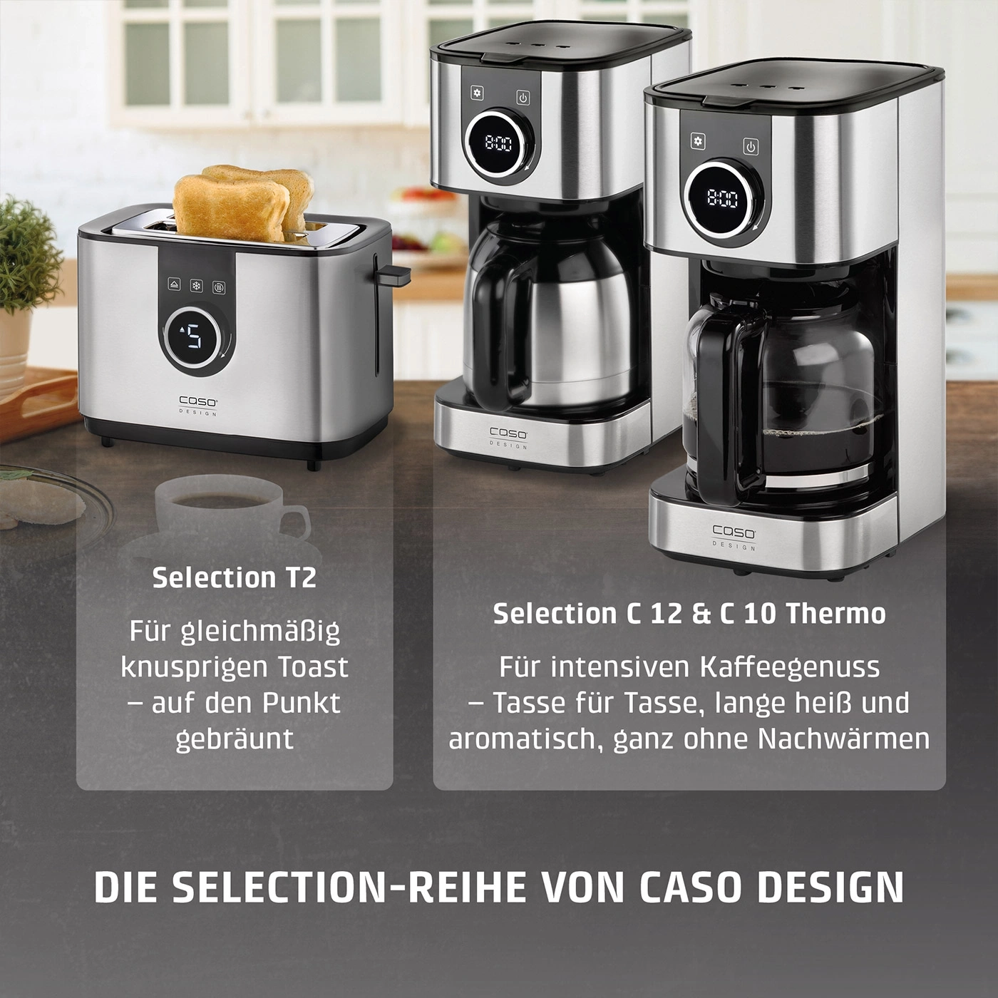 Ein Toaster und zwei Kaffeemaschinen der Marke CASO DESIGN stehen auf einer Arbeitsplatte.