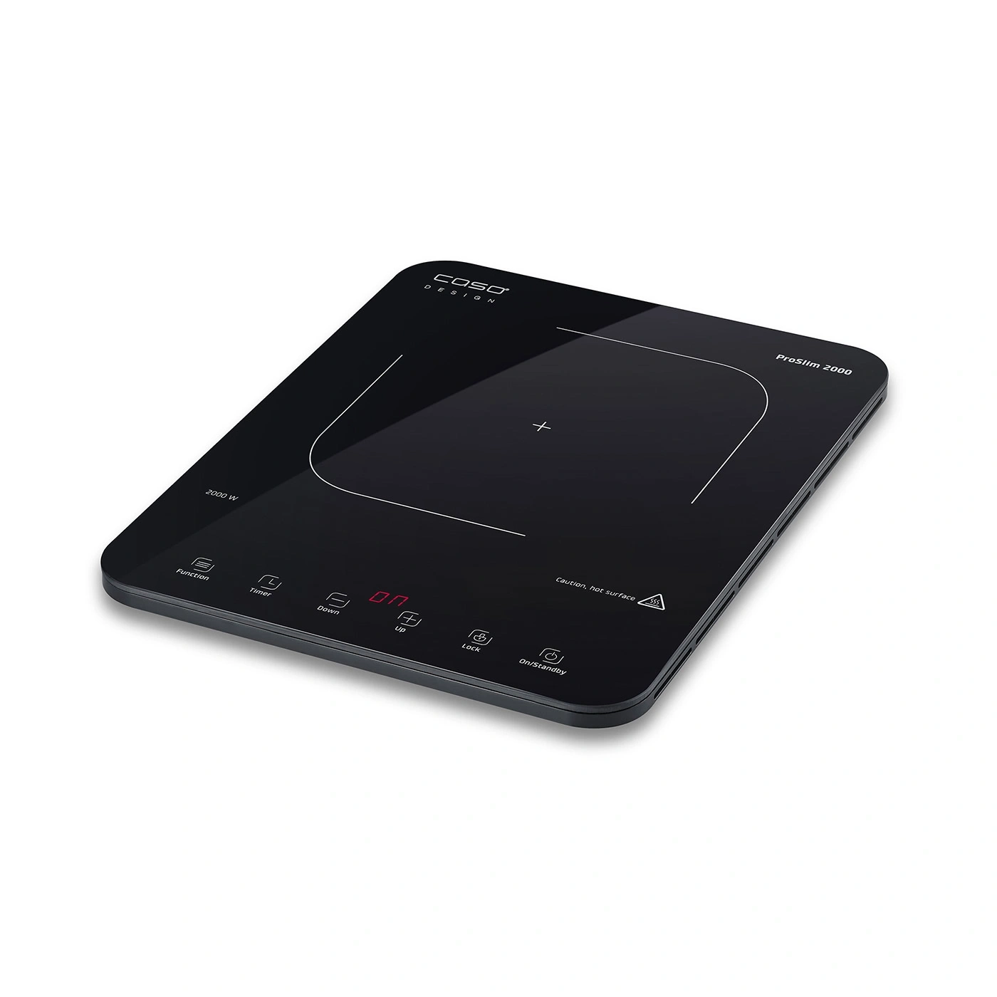 Black induction cooktop with control panel, ProSlim 2000, 2000W, timer, function, lock, on/standby.
