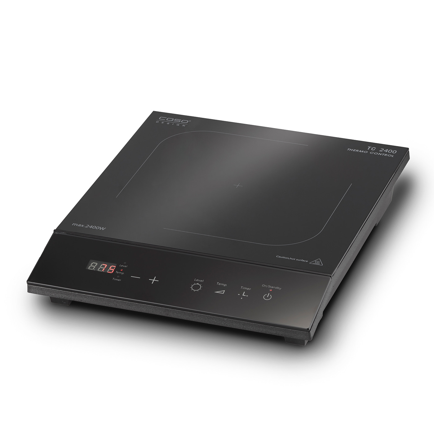 Black induction cooktop with display, temperature control, timer, and hot surface warning.