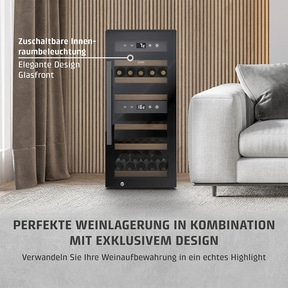 Wine cooler with elegant design, glass front, and interior lighting. Perfect wine storage.