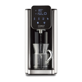A water dispenser with a digital display, dispensing water into a glass.