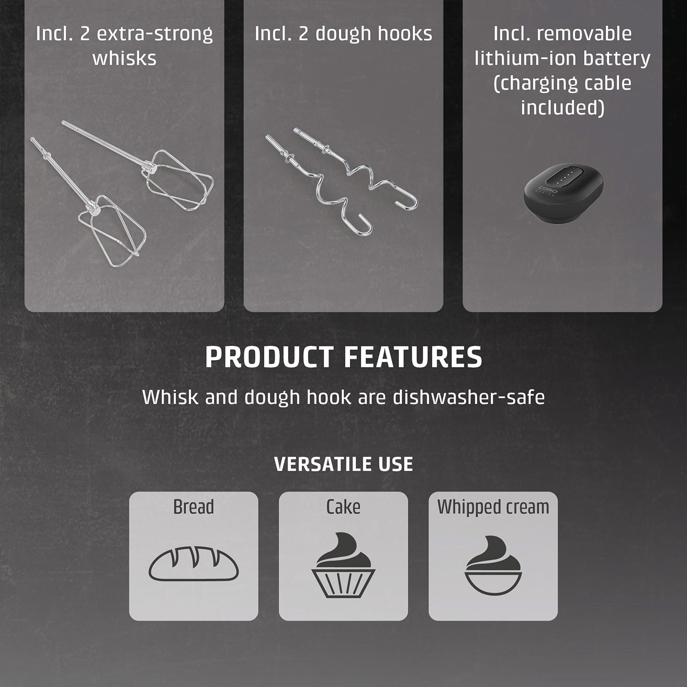 Hand mixer with accessories: whisks, dough hooks, battery, bread, cake, cream.