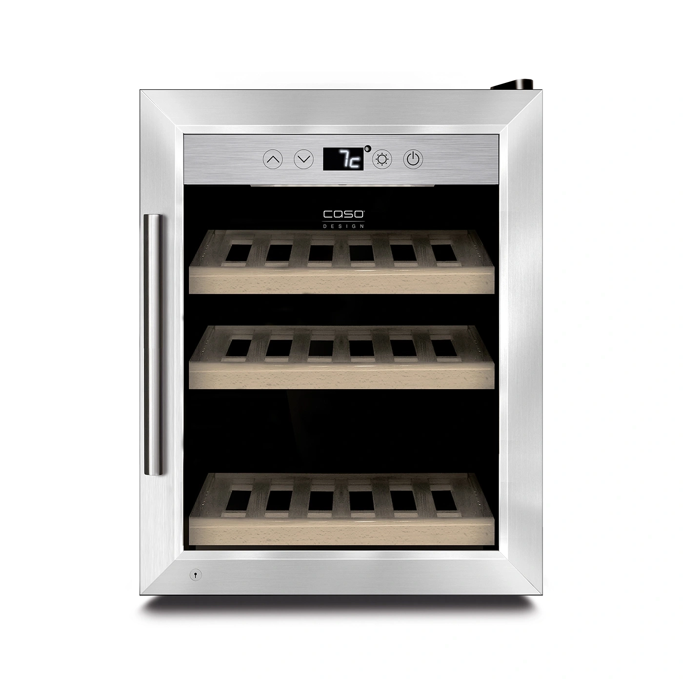Weinkühlschrank mit Temperaturanzeige und Holzregalen, Edelstahlrahmen