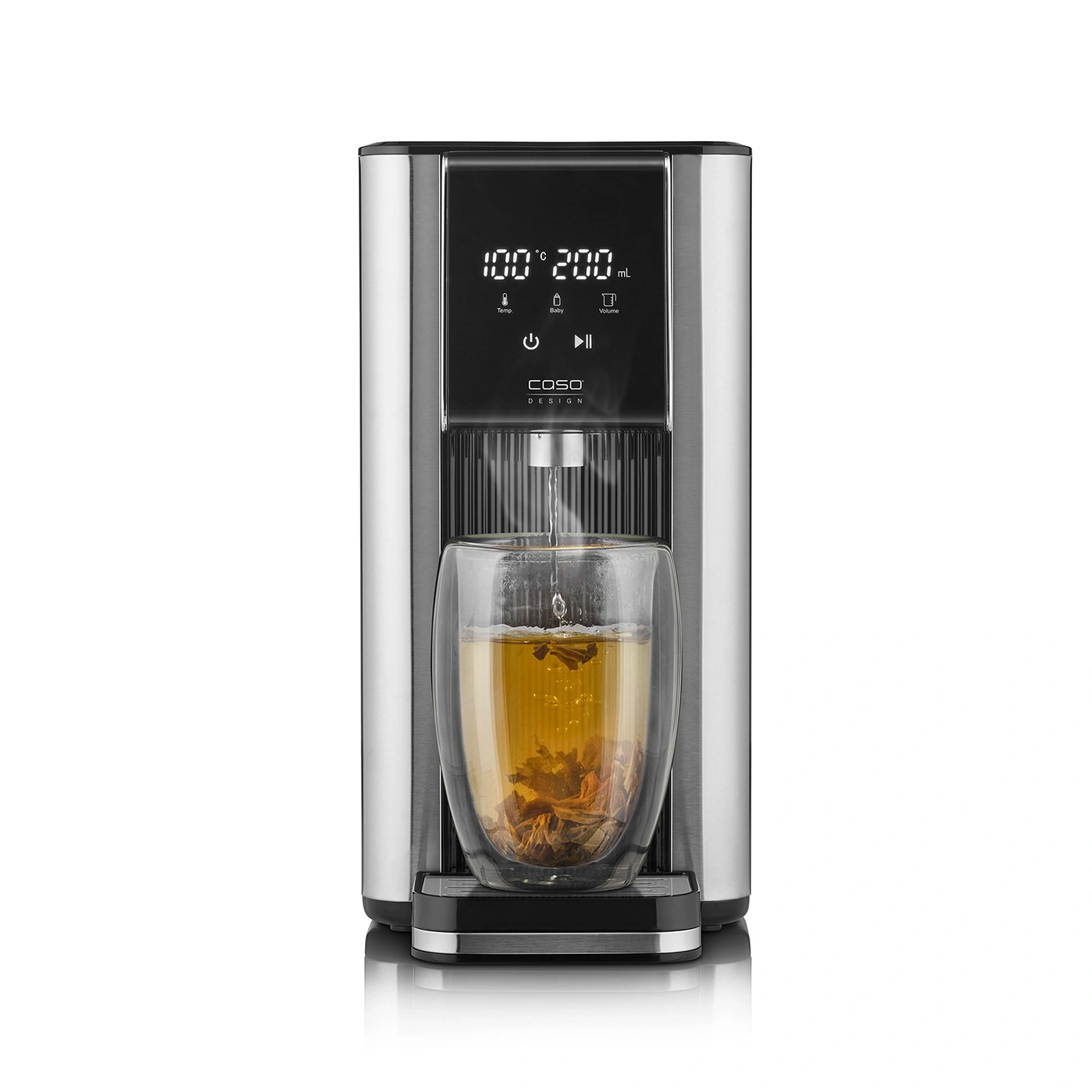 Tea machine with glass, water pouring, temperature display, Caso Design, stainless steel.