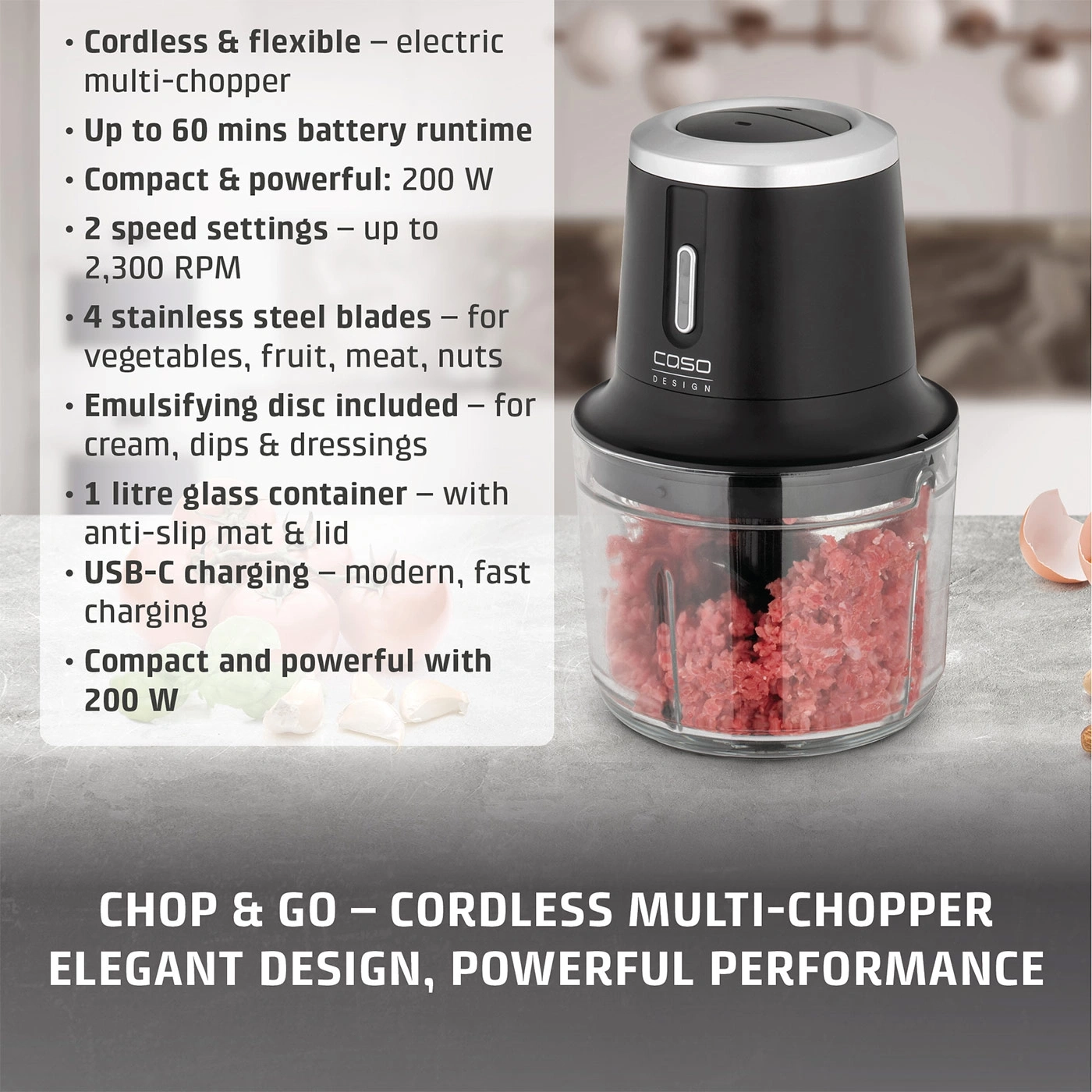 Cordless mini chopper with 200W power and glass container.